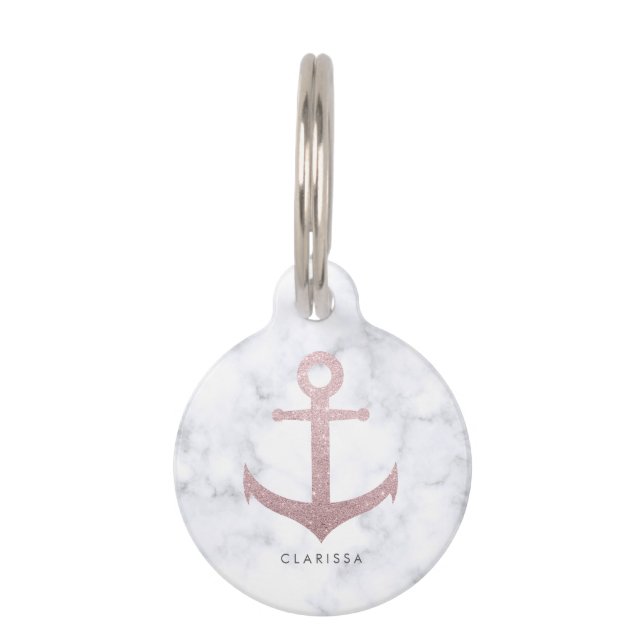 上品なばら色の金ゴールドのグリッターのいかり及び白い大理石 ペット　ネームタグ (正面)