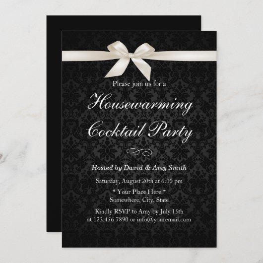 上品なアイボリーリボンダークダマスク引っ越し祝いパーティーパーティー 招待状 (正面/裏面)