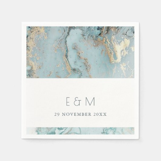 上品なアクアデュスキーブルー金ゴールドアゲートモノグラム結婚ズ スタンダードカクテルナプキン (正面)