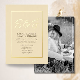 上品なアーストーンレモンイエロー金ゴールドフレーム写真 箔招待状
