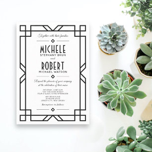 上品なアールデコモダンブラックフレームホワイト結婚ズ 招待状