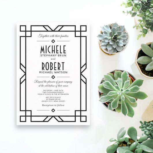 上品なアールデコモダンブラックフレームホワイト結婚ズ 招待状