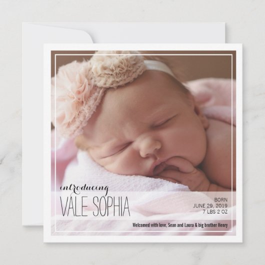 上品なイントロ |ピンクベビーのお知らせ 案内状 (正面)