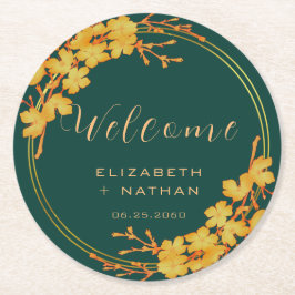 上品なエメラルドグリーン金ゴールド結婚フローラの歓迎 ラウンドペーパーコースター