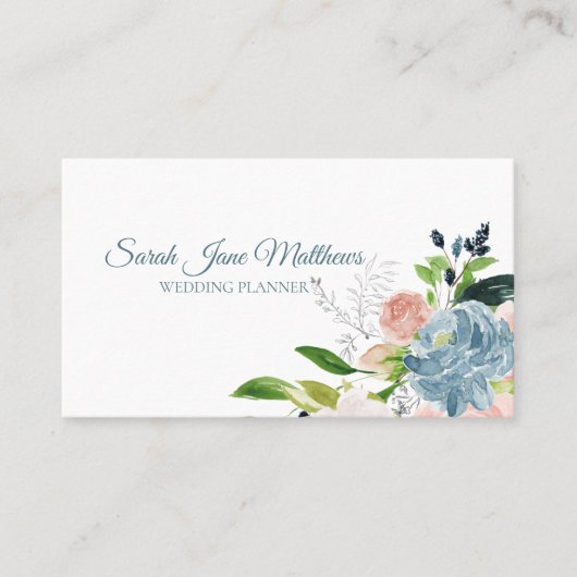上品なエレガントほこりっぽい青い牡丹ウェディングプランナー 名刺 (正面)