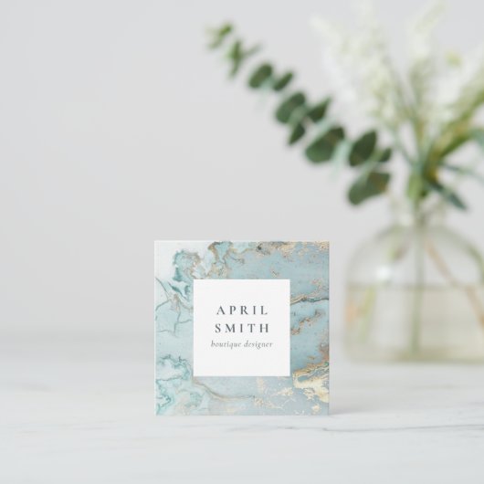 上品なエレガントアクアデュスキーブルー金ゴールドアゲイト スクエア名刺 (スタンド正面)