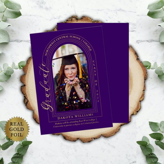 上品なエレガントアーチ型フォトパープル卒業 箔招待状