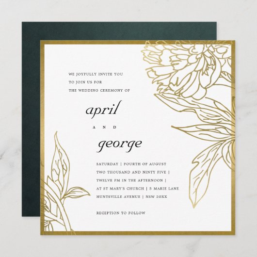 上品なエレガントゴールドフォイルフローラ結婚式の招待 サンキューカード (正面/裏面)