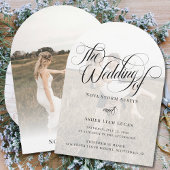 上品なエレガントシンプルフォトオーバーレイ結婚アーチズ 招待状