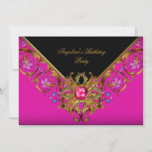 上品なエレガントホットピンクブラック金ゴールド誕生日パーティー 招待状 (正面)