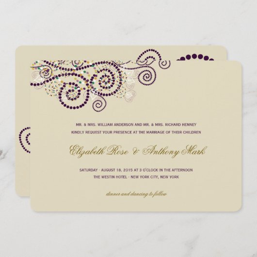 上品なエレガント紫色のボホらせん状結婚式の招待 招待状 (正面/裏面)