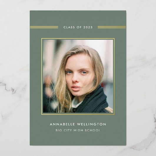上品なエレガント緑の卒業写真金ゴールド 箔招待状