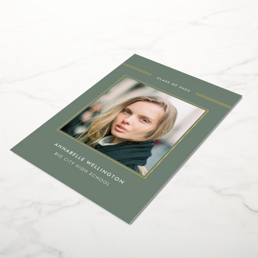 上品なエレガント緑の卒業写真金ゴールド 箔招待状 (回転した状態)
