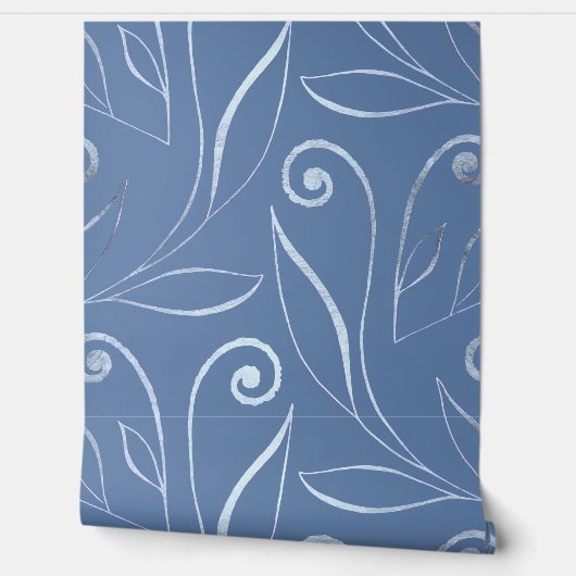 上品なエレガント葉と渦巻き模様ほこりっぽい青 壁紙 (ほどく)