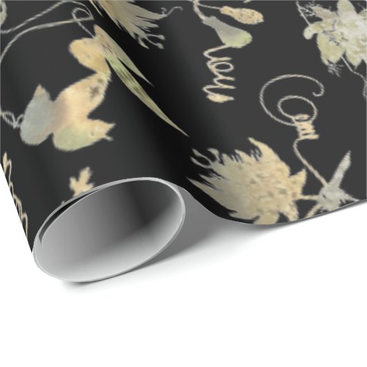 上品なエレガント金ゴールドの情熱の花を黒に ラッピングペーパー (ロールコーナー)