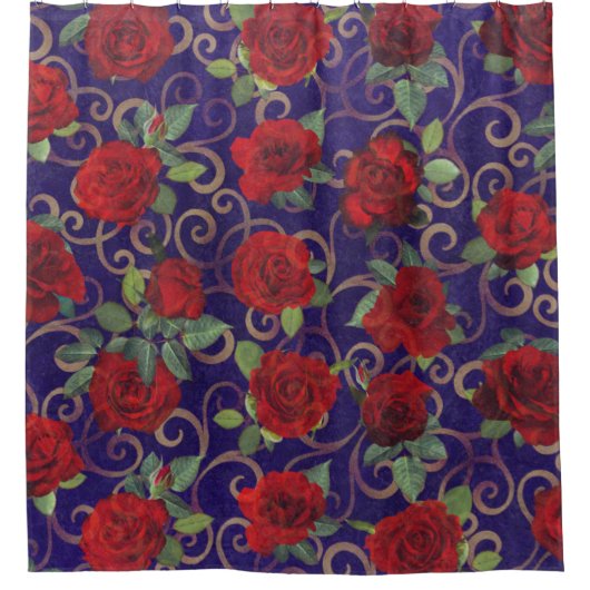 上品なエレガント金ゴールドダマスクヴィンテージレッドローズパープル シャワーカーテン (正面)