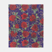 上品なエレガント金ゴールドダマスクヴィンテージレッドローズパープル フリースブランケット (正面)