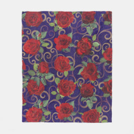上品なエレガント金ゴールドダマスクヴィンテージレッドローズパープル フリースブランケット