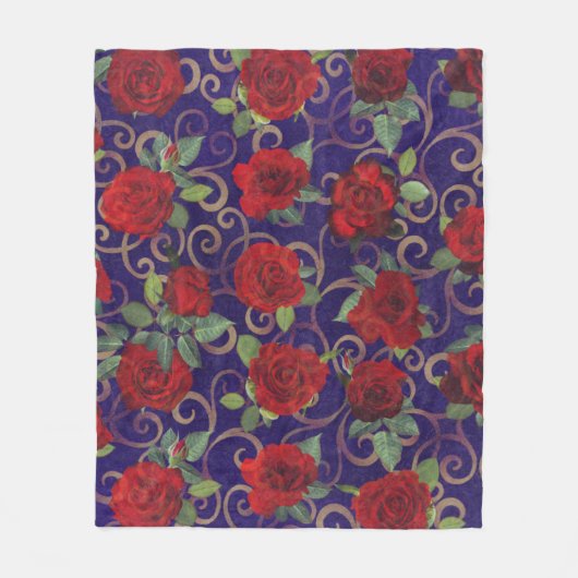 上品なエレガント金ゴールドダマスクヴィンテージレッドローズパープル フリースブランケット (正面)