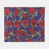 上品なエレガント金ゴールドダマスクヴィンテージレッドローズパープル フリースブランケット (正面(横))