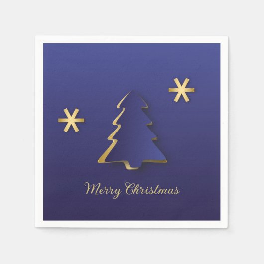 上品なエレガント金ゴールドブルークリスマスツリー スタンダードカクテルナプキン (正面)