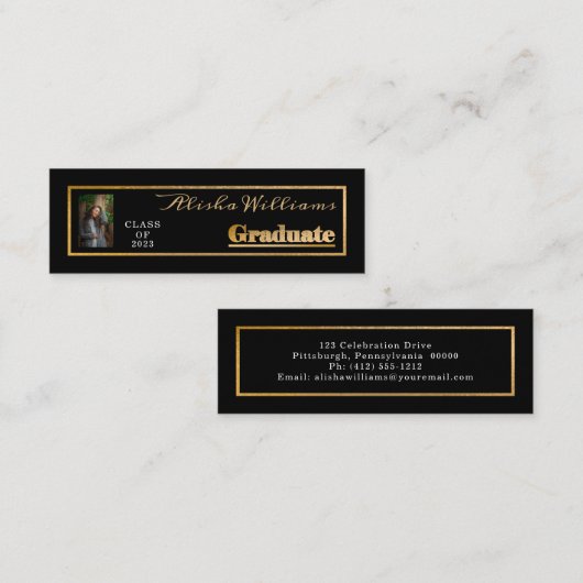 上品なエレガント金ゴールド文字大学院フォトブラック スキニー名刺 (正面/裏面)