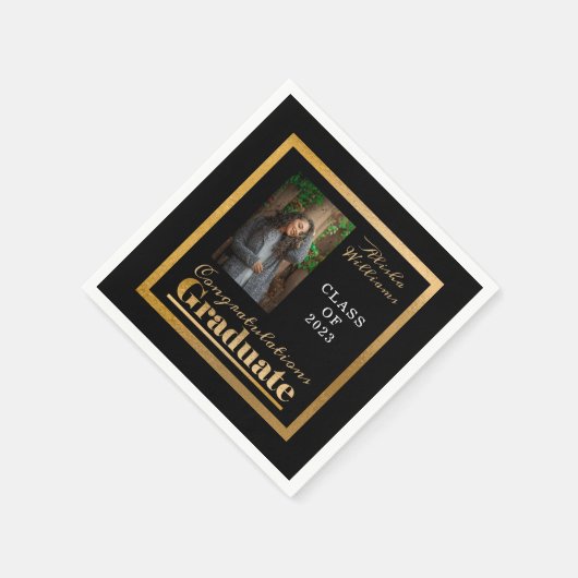 上品なエレガント金ゴールド文字大学院フォトブラック スタンダードカクテルナプキン (角)