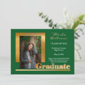 上品なエレガント金ゴールド文字大学院1フォトグリーン 案内状 (スタンド正面)