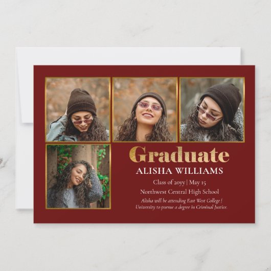 上品なエレガント金ゴールド文字大学院4写真 案内状 (正面)