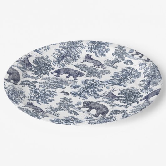 上品なエレガント青素朴い森の動物トイル ペーパープレート (アングル)