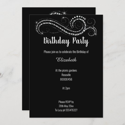 上品なエレガント黒いダイヤモンド誕生日パーティー 招待状 (正面/裏面)