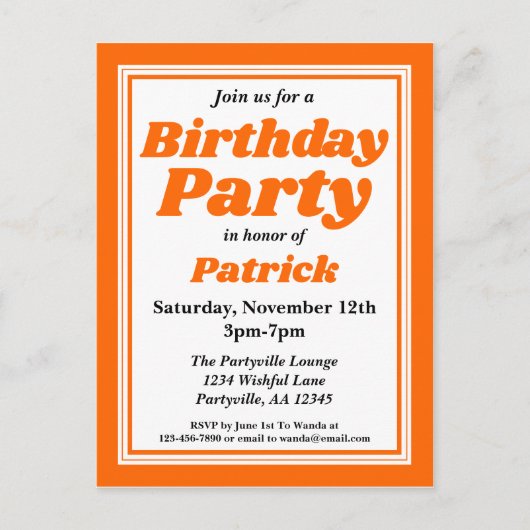 上品なオレンジの大人の誕生日パーティー インビテーションポストカード (正面)