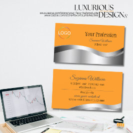 上品なオレンジ色の波形シルバーデコールとブランディングロゴ 名刺