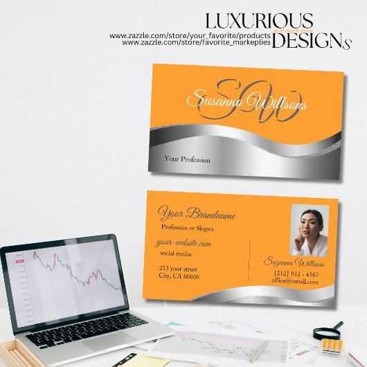 上品なオレンジ色の波形シルバーデコールイニシャルと写真 名刺