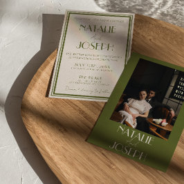 上品なオールドマネーオリーブグリーン豪華フォトウェディング 招待状