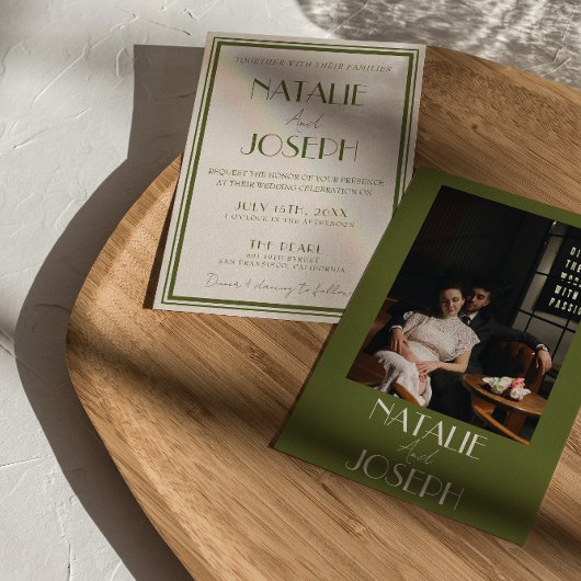 上品なオールドマネーオリーブグリーン豪華フォトウェディング 招待状