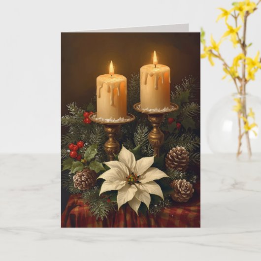 上品なキャンドルとクリスマスのホーリー・パインのあたたかなお祭りの雰囲気 カード (黄色い花)
