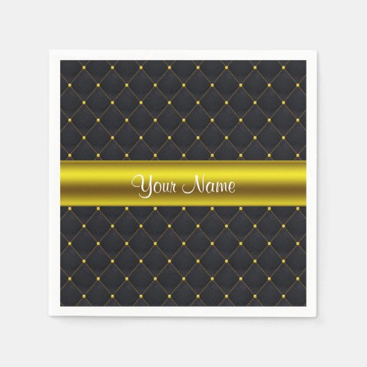 上品なキルテッドブラック&金ゴールド パーソナライズされた スタンダードカクテルナプキン (正面)