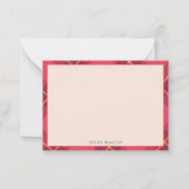 上品なギンガムパターンジオメトリックモノグラムレッドピンク ノートカード (正面)