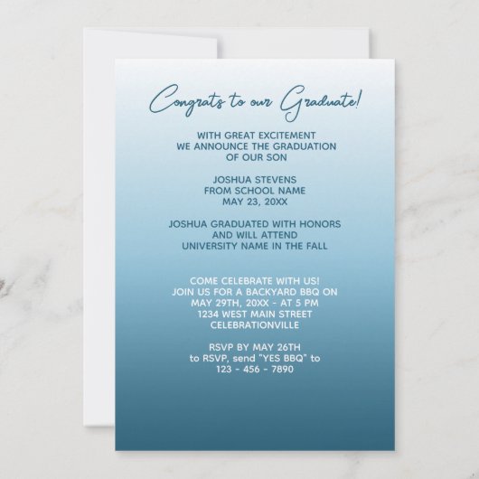 上品なグラデーションティール（緑がかった色）ブルーグリーン卒業 案内状 (裏面)