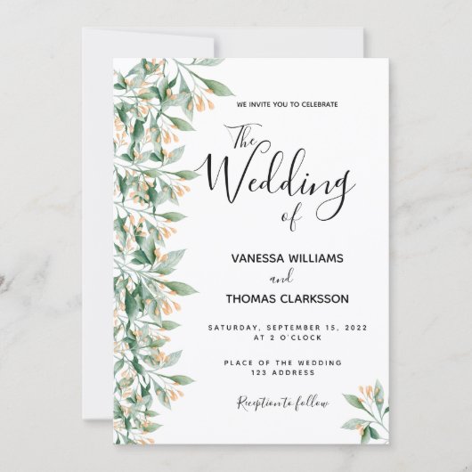 上品なグリーンゴールドの植物花の結婚式 招待状 (正面)