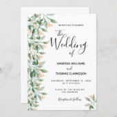 上品なグリーンゴールドの植物花の結婚式 招待状 (正面/裏面)