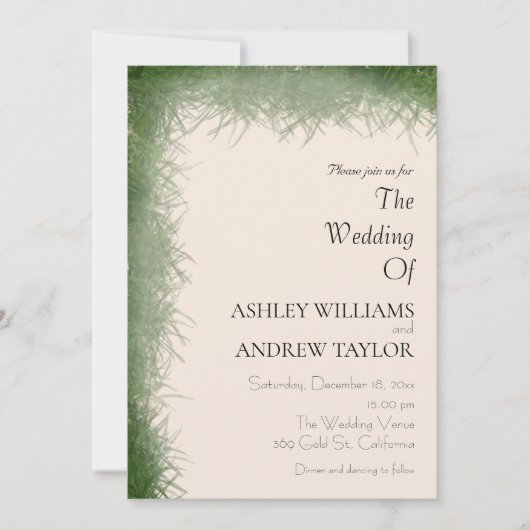 上品なグリーンハーブパターンベージュエレガントな結婚式 招待状 (正面)