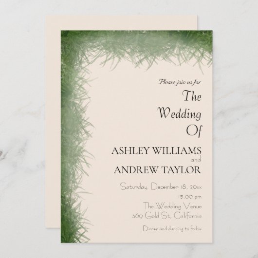 上品なグリーンハーブパターンベージュエレガントな結婚式 招待状 (正面/裏面)
