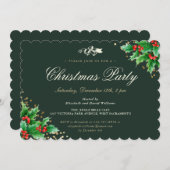上品なグリーンホリーベリークリスマスクリスマスパーティー 招待状 (正面/裏面)