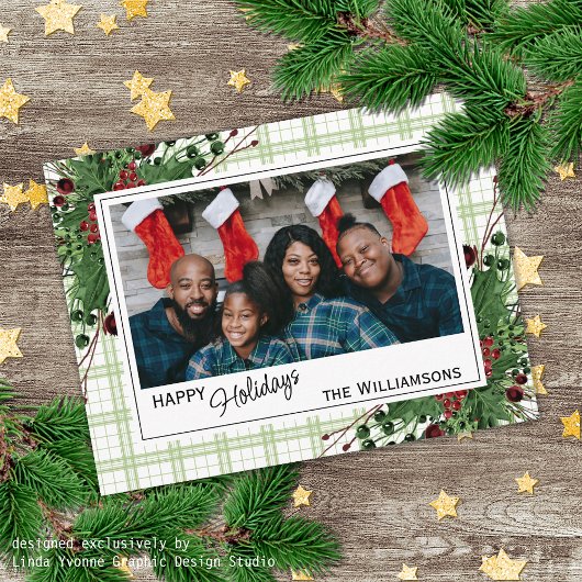 上品なグリーンホリーレッドベリーボタニカルリーフ ポストカード