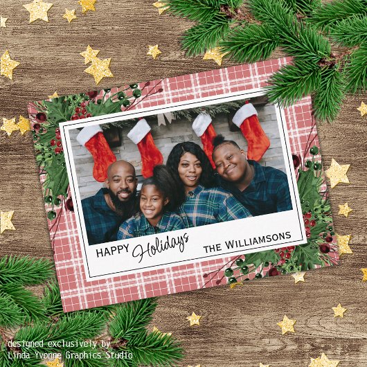 上品なグリーンホリーレッドベリーボタニカルリーフ ポストカード