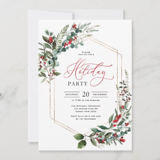 上品なグリーンリーベリークリスマスホリデーパーティー 招待状 (正面)