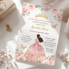 上品なケンセイェーラ・ブルッシュピンクの花と金のプリンセス 招待状