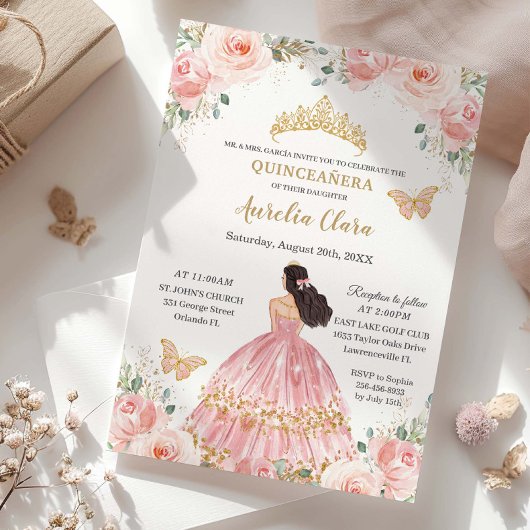 上品なケンセイェーラ・ブルッシュピンクの花と金のプリンセス 招待状